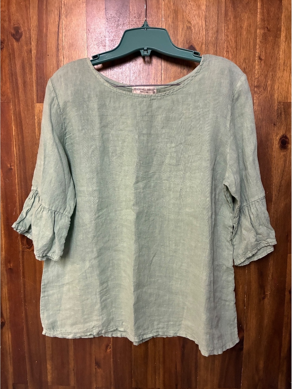 Terzo Millennio Ruffle Bell Sleeve Sage 100% Linen Blouse Women’s Medium Italy